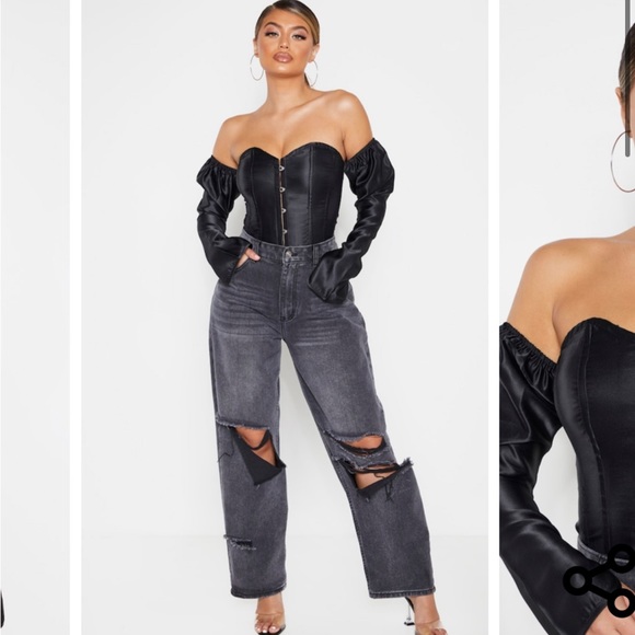 Pretty Little Thing Black Satin Long Sleeve Bardot Corset Top, US 6 - 8 M, NWT - Picture 7 of 8